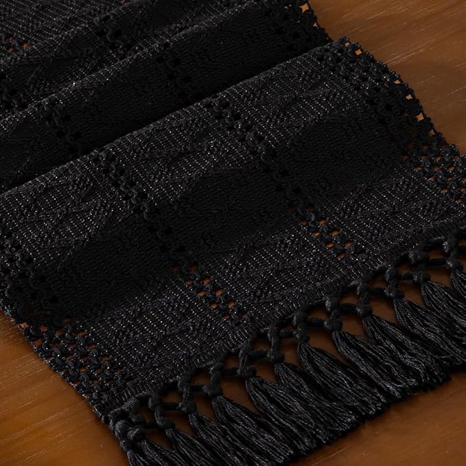 DeZerlor Boho Macrame Table Runner Spring Easter Farmhouse Woven Table Runner with Tassels 60 Inches Halloween Black Cotton Linen Kitchen Table Decor for Dining Dresser Home Tea Table Decor