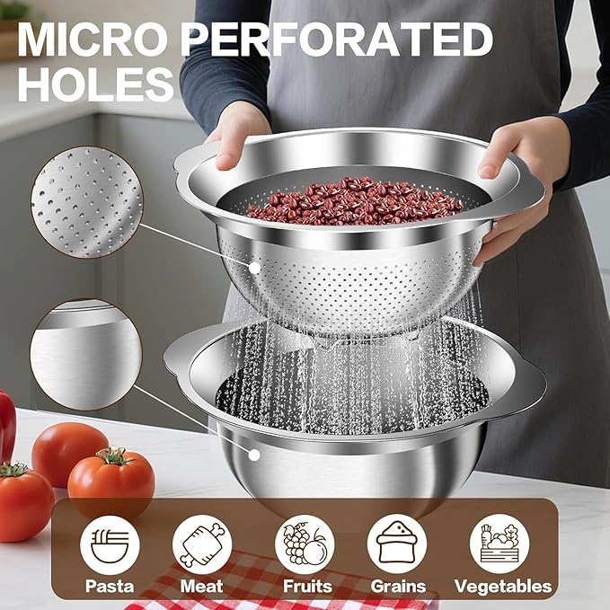 Stainless Steel Strainer with Mixing Bowl, Rice Washer, Colander for Kitchen, Rice Strainer, Fruit and Vegetable Wash, Microporous Colander, Fruit Cleaner Bowl, Dishwasher Safe