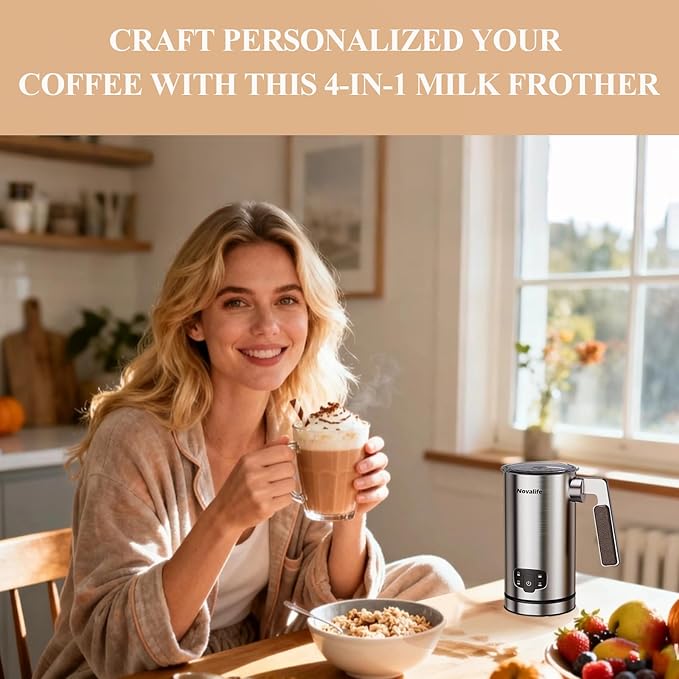 Novalife Milk Frother, 4 in 1 Milk Frother and Steamer with Two Whisks, Frothing Whisk and Heating Whisk, Automatic Warm and Cold Foam Maker for Coffee Latte Cappuccino Macchiato Hot Chocolate Matcha