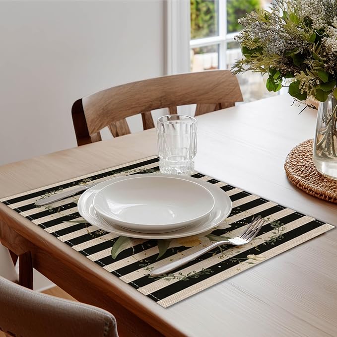 HOMETITUTE Floral Placemats Set of 4 Linen 12x18 Inch Washable Table Mats Black and White Stripes with Daffodil Flowers Decorative Table Placemats Set of 4 Farmhouse Kitchen Dining Everyday Decor