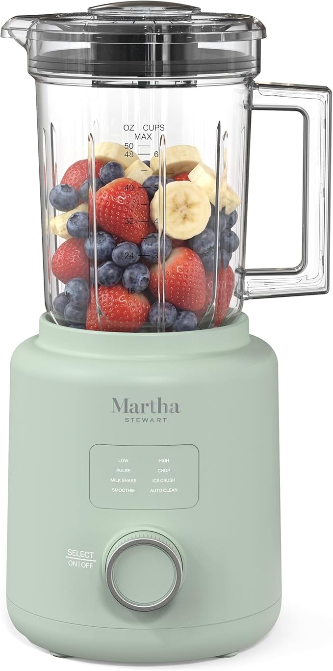 Martha Stewart Countertop Blender, 50oz Jar, 6 Stainless Steel Blades 3 Speeds & 5 Presets, Auto Clean, Smoothies, Crush Ice, Shakes, Chop, Margarita, Measurement Markings, 700W, Honeydew Green