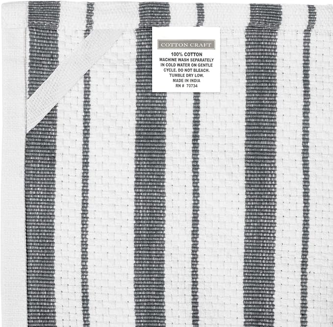 COTTON CRAFT - 4 Pack - Basket Weave Kitchen Towels - Grey - Cotton - Oversized 20x30 - Modern Clean Striped Pattern - Convenient Hanging Loop
