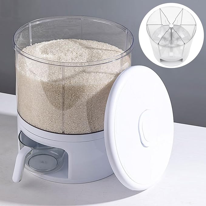 Cereal Dispenser, 6-grid 360° Rotating Grain Dispenser, Adjustable Compartment Size Clear Rice Dispenser, 11kg/24lbs Grain Storage Container, PET Round Granular Dry Food Dispenser, 11.61*13.19in White
