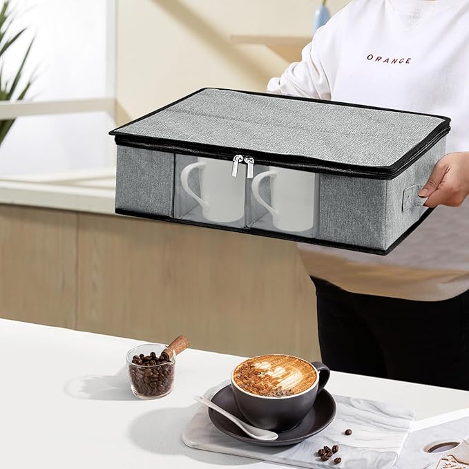 China Cup and Mug Storage Container, 12 Compartments Mug Storage Box with Hard Shell and Dividers Foldable Dustproof China Containers for Protection and Moving Coffee, Tea Cups and Glasses - Gray