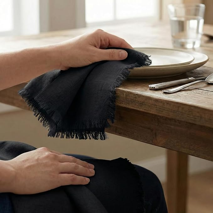 ACCENTHOME Black Cotton Linen Napkin Set of 6 18x18 inch Dinner Napkins - Washable Soft Premium Hotel Quality Reusable Napkins Perfect Table Napkins for Family Dinners, Weddings & Everyday Use