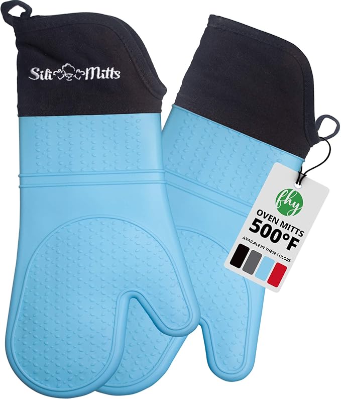 Silicone Oven Mitts Heat Resistant 500 Degrees - 2 Extra Long Silicone Oven Mitt Pot Holders - Food Safe Oven Gloves - BPA Free - Soft Inner Lining - (Blue) - Frux Sili Mitts