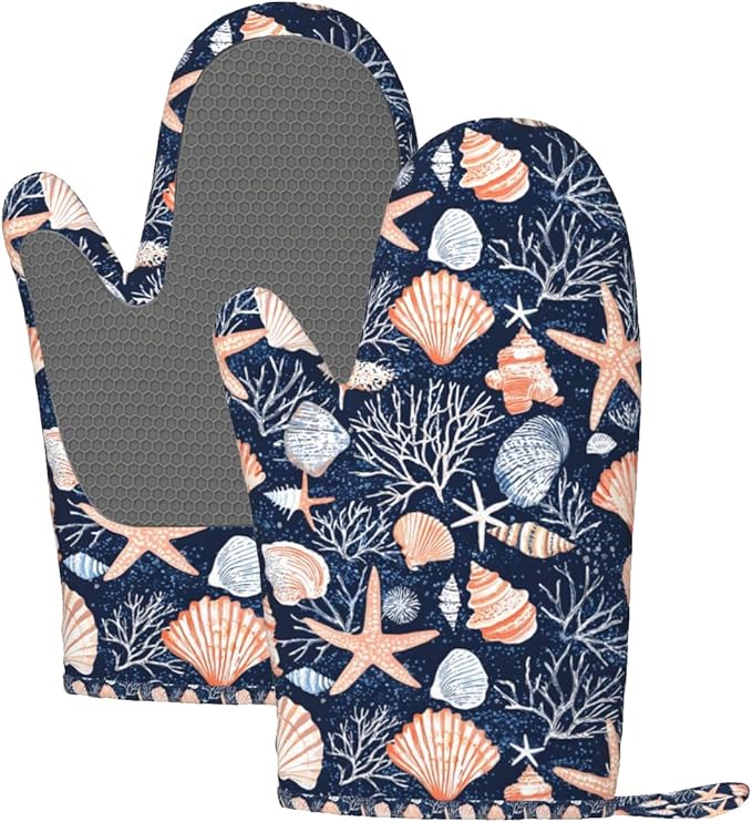 Seashell Silicone Oven Mitts Set of 2, Heat Resistant up to 500°F, Kitchen Oven Gloves with Non-Slip Grip and Soft Cotton Lining for Baking, Cooking and BBQ