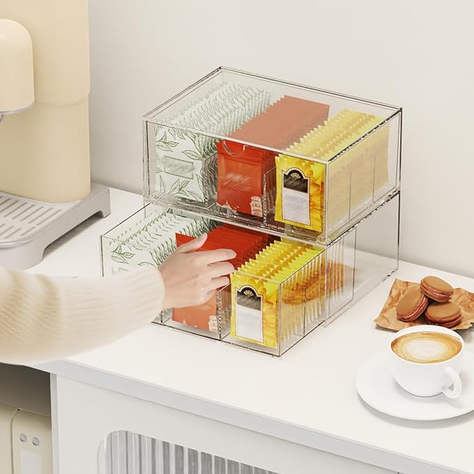 2 Pack Clear Tea Bag Organizer, Stackable Drawer Organizer with Dividers for Pantry Bathroom Vanity Kitchen - Cabinet Countertop Shelf Plastic Storage Bins for Coffee/Makeup/Cosmetic/Crafts/Jewelry