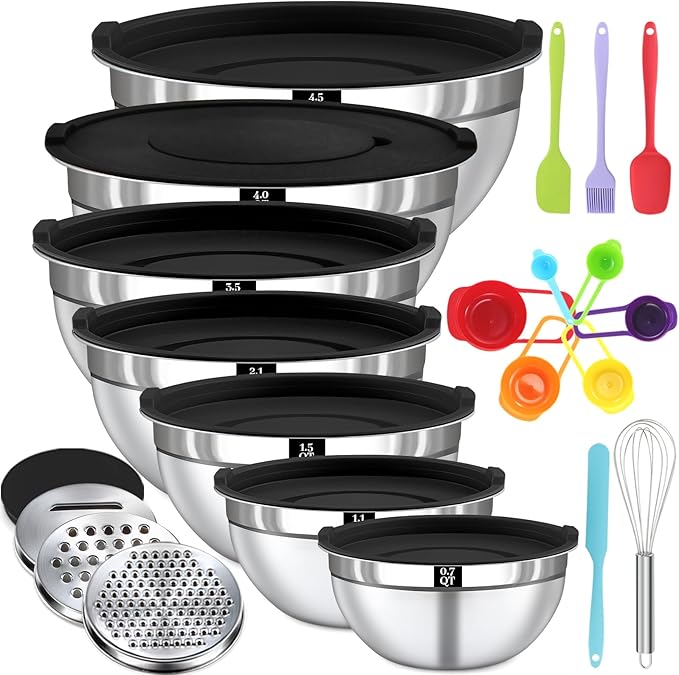 21PCS Mixing Bowls with Lids Set - 7 Nesting Mixing Bowls, 3 Graters, 11 Baking Tools, Lids, Stainless Steel Mixing Bowls for Mixing & Baking, Size 0.7/1.1/1.5/2.1/3.5/4/4.5 QT, Black