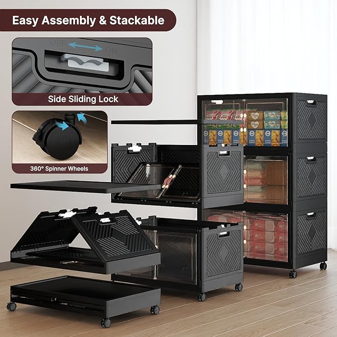 UAMFURI Stackable Storage Bins with Lids & Wheels & Door, Foldable Collapsible Closet Organizers, Extra Large Plastic Storage Drawers for Bedroom Dorm Office Garage (Dark-112QT, 3Pack with 1 top lid)