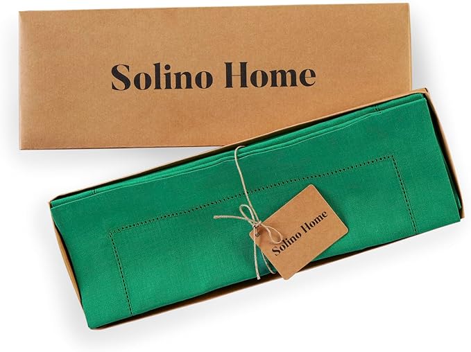 Solino Home Linen Cloth Placemats Set of 4-100% Pure Linen Hemstitch Emerald Green Placemats 14 x 19 Inch - Classic Hemstitch Table Place Mats