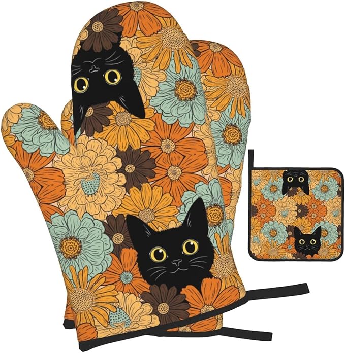 Black Cat Oven Mitts Heat Resistant Set of 3, Retro Orange Floral Oven Gloves and Hot Pads for Cooking Baking Grilling BBQ, Cat Lover Gifts for Women Baker, Cute Kitchen Mitts