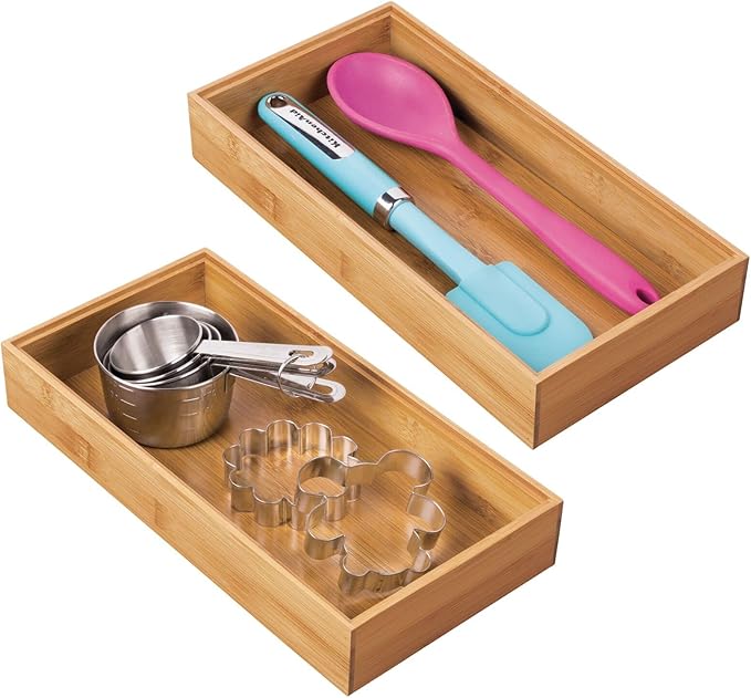 mDesign Wooden Bamboo Drawer Organizer - 12" Long Stackable Storage Box Tray for Kitchen Drawers/Cabinet - Utensil, Silverware, Spatula, and Flatware Holder - Echo Collection - 2 Pack, Natural Wood