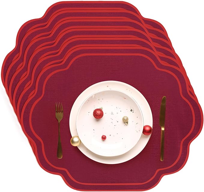 Breling 6 Pcs Wedding Placemats Scalloped Embroidered Cotton Linen Placemats 17" x 13" Double Layered Machine Washable Table Place Mat for Party Table Decor (Wine Red)