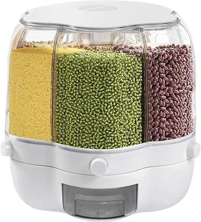 360° Rotating Grain Dispenser With 6 Grids, 13.2lbs Large Capacity Grain Dispenser Rotating Kitchen Storage Containers With Sealed Lid For Peanut Barley Millet And Cereal (White, 17.6 lbs)