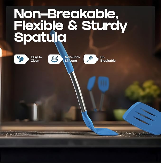BakeRoyal Silicone Spatula Set - Turner Spatulas Silicone Heat Resistant 600°F - Slotted & Solid Spatula for Cooking Fish, Eggs, Pancakes Flipper – Spatulas for kitchen use – Blue