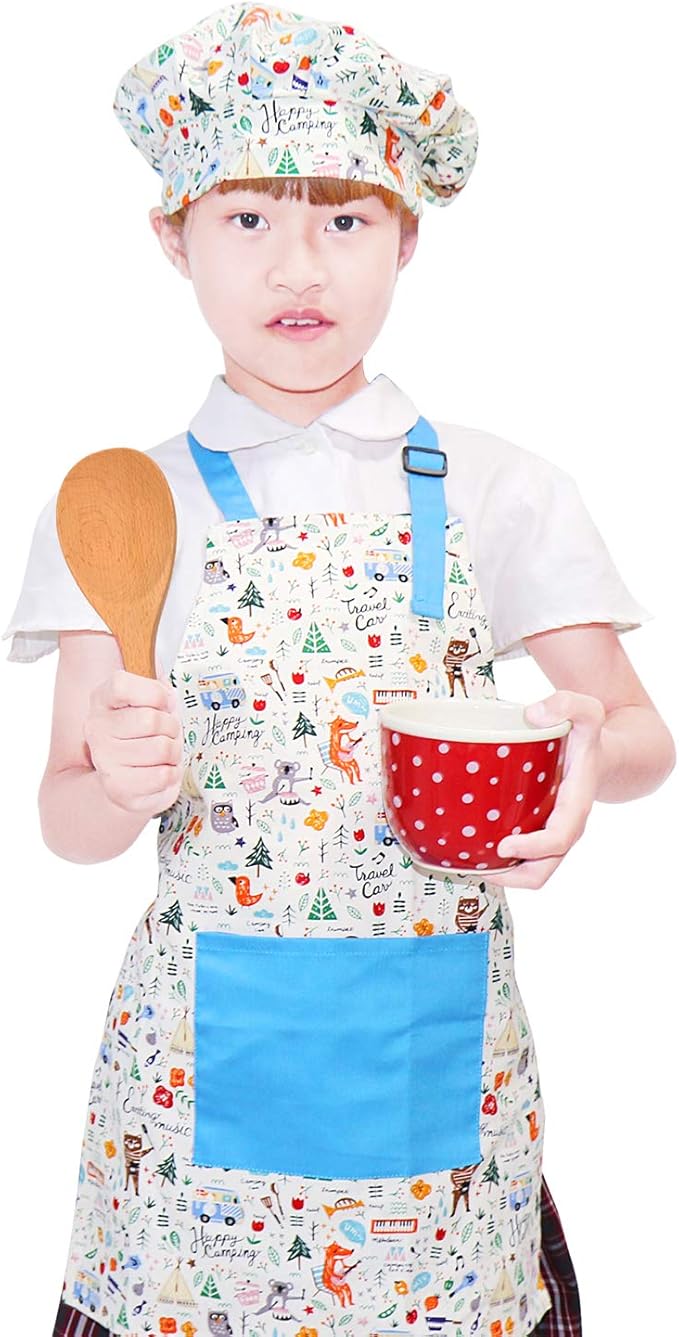 Jennice House Kids Apron and Chef Hat Set, Cute Children Baking Aprons for Cooking Baby Baking Aprons