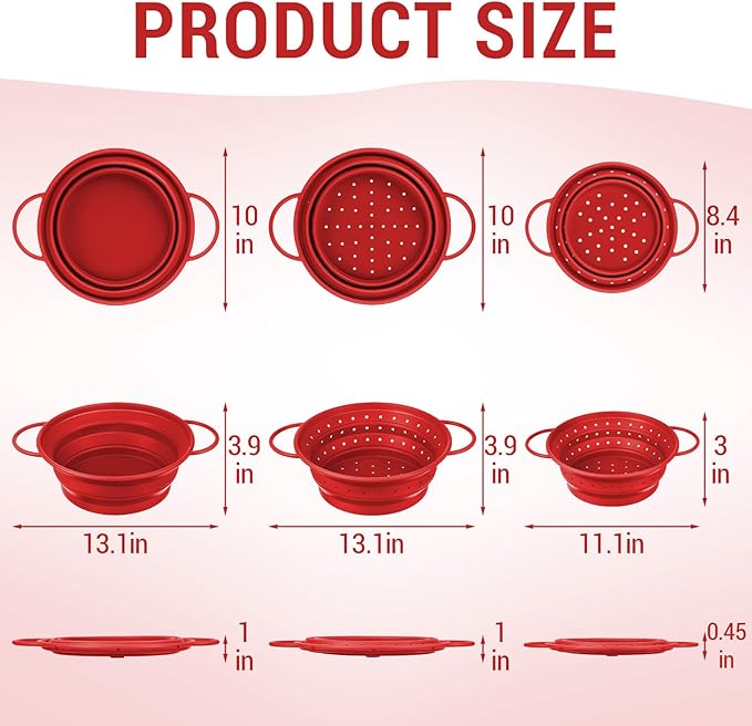 3 Pack Collapsible Colander with Strainer Bowl Set, 11 & 13 In BPA-Free Silicone Colanders for Kitchen, Heat-Resistant Space-Saving Strainer Dishwasher Safe Baskets for Vegetable Fruits(Red)