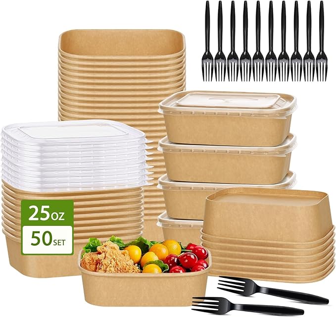 DI QIU REN 50-Pack 25oz Paper Bowls, Disposable Food Containers with Lids and Forks, Cardboard Meal Prep Containers for Diet Salad, Pasta (kraft Paper Rectangular, 25oz 50 Count)