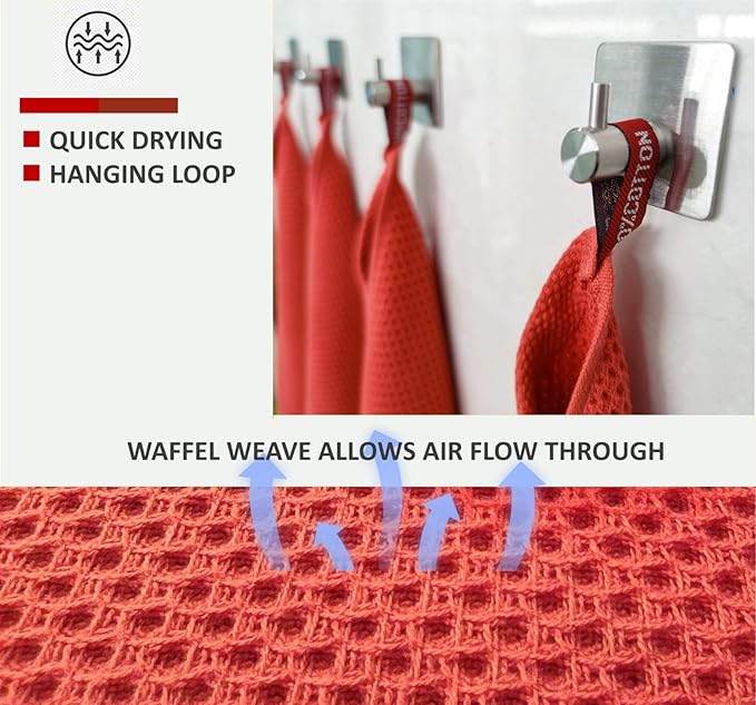 Kitchen Towels 100% Cotton Waffle Weave Dish Towel for Cleaning Drying Dishes Extra Absorbent and Soft, Dish Cloth,13 x 28 in(Reddish Orange-4 Pack)