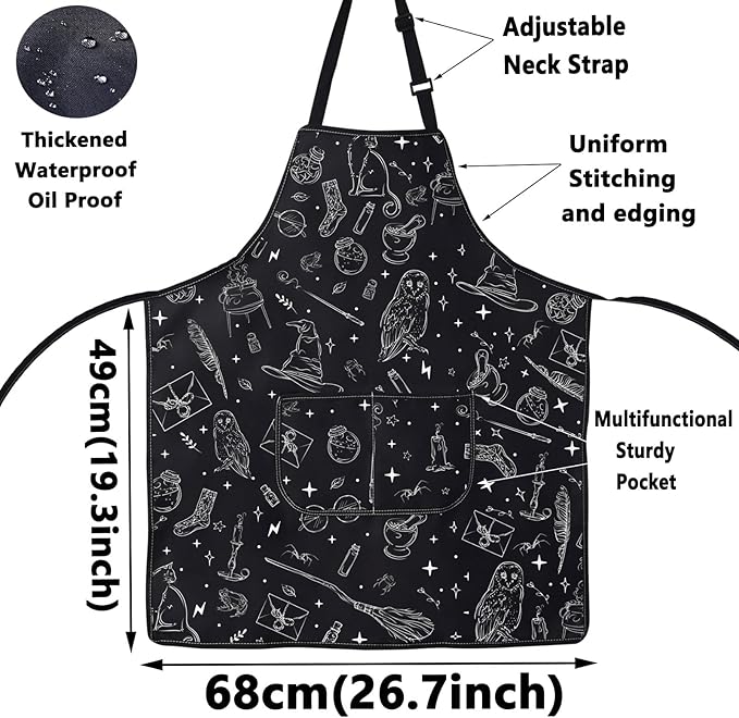 WZMPA Magic Wizard Kitchen Apron With Pockets Spooky Witch Gift Gothic Magic Adjustable Apron For Cooking Baking Grilling
