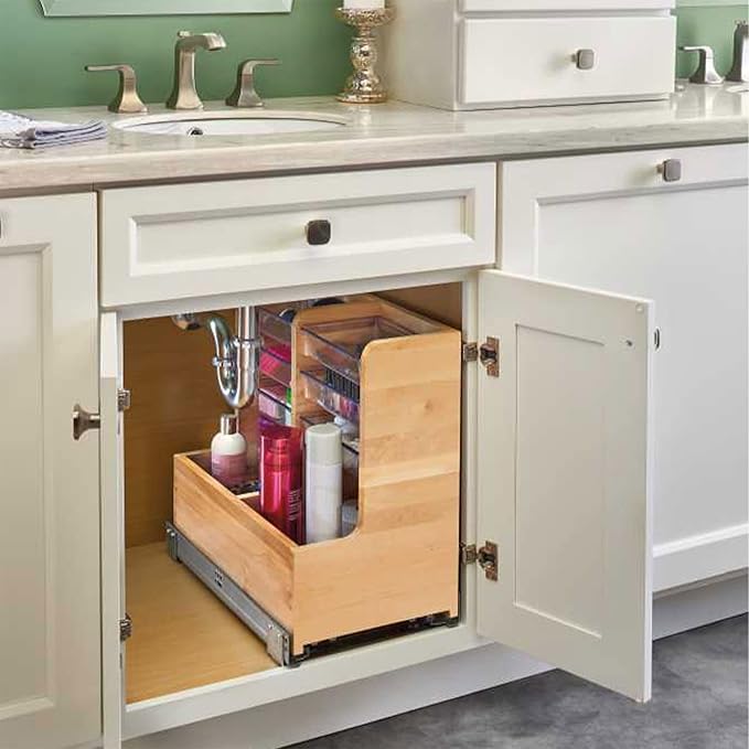 Rev-A-Shelf 30" Wood Vanity Sink Pull Out Organizer Cabinet Storage with Soft-Close for Kitchen or Bathroom, Maple Wood, 441-15VSBSC-1