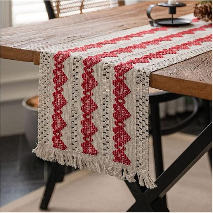 Alynsehom Macrame Table Runner Beige and Red Heart Table Runners with Tassels Hand Woven Cotton Table Runner Rustic Farmhouse Table Runners for Valentine's Day Bohemian Kitchen Dining Table(12x71in)