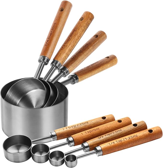 Measuring Cups and Spoons Set，Measuring Cup Set with Wooden Handle and Metric and US Measurements，Silver Polished Finish，for Cooking and Baking in The Kitchen (8 Piece)
