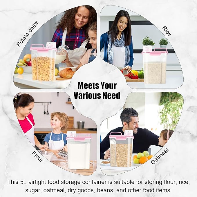 LEAWALK Airtight 10LBS Rice/Cereal/Dry Food Storage Container BPA Free, 5.28Qt Clear Plastic Kitchen and Pantry Organization Bin Suitable for Oats, Flour, Sugar, Pasta, Pet Food, etc (Clear Pink)