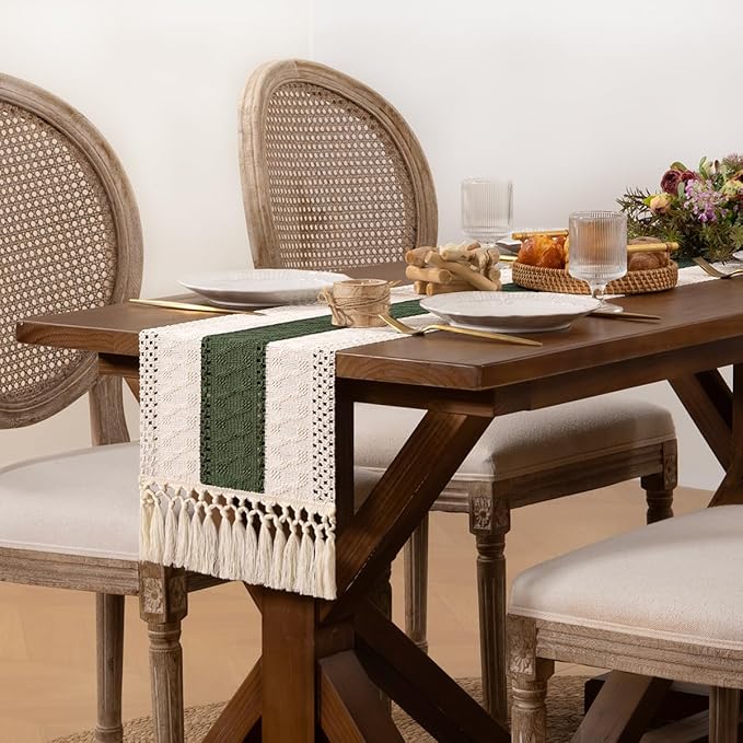 DeZerlor Boho Macrame Table Runner Spring Easter Farmhouse Woven Table Runner with Tassels 108 Inches Ivory& Olive Green Cotton Linen Kitchen Table Decor for Dining Dresser Home Tea Table Decor