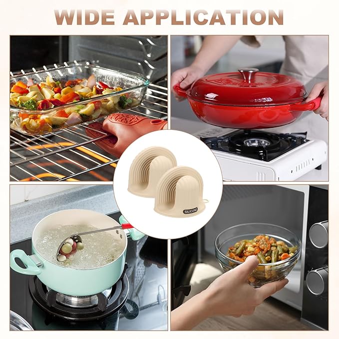 uxcell 2 Pcs Silicone Oven Mitts, Heat Resistant Mini Oven Gloves Silicone Pot Holders Mini Finger Protector Cooking Pinch Grips for Air Fryer Kitchen Cooking & Baking, Beige