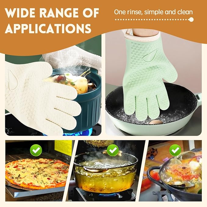 2 Pairs Silicone Oven Mitts Heat Resistant Gloves Heat Resistant Non-Slip Waterproof Kitchen Mittens for Baking, Grilling, Cooking(2 Pairs-Green + White)