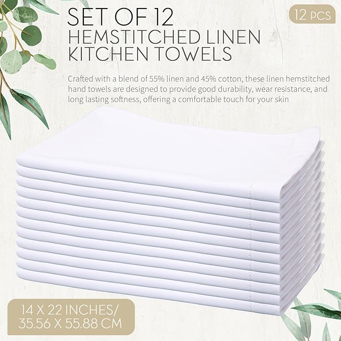 Mixweer 12 Pcs 14" x 22" White Linen Hemstitched Hand Towel Linen Tea Towels for Embroidery Dish Towels for Bathroom Kitchen Home
