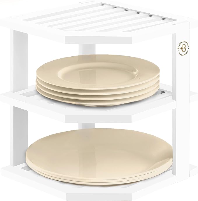 Bambüsi Plate Organizer for Cabinet - Corner Cabinet Organizer and Kitchen Cabinet Organizer Shelf, Kitchen Countertop Organizer for Plates, Dishes and Bowls, Space Saving Corner Rack, White