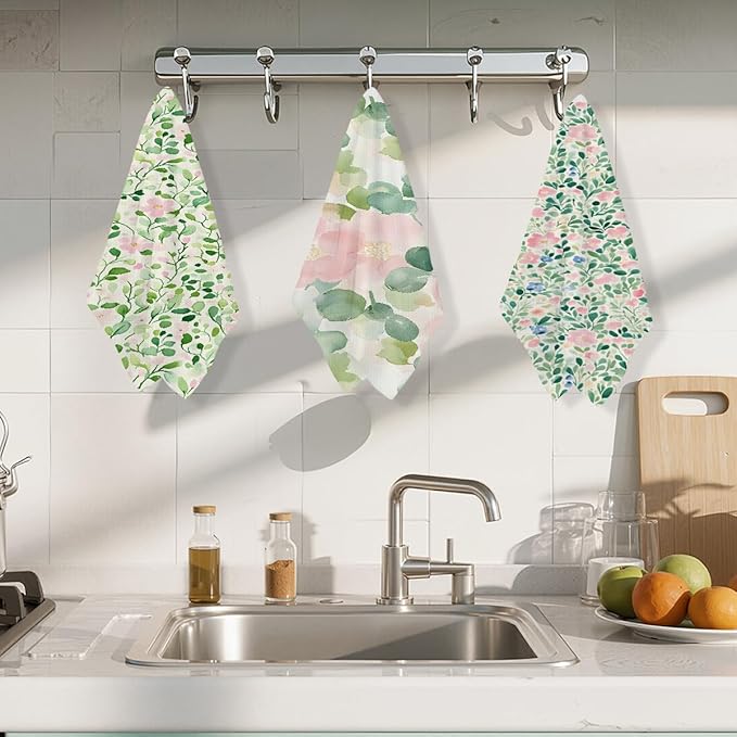 3 Pcs Watercolor Flower Checkered Kitchen Towels, Spring Summer Plant Decorative Absorbent Microfiber Dish Cloth Tea Towel, Aesthetic Waffle Soft Hand Towels for Farmhouse Home Bathroom