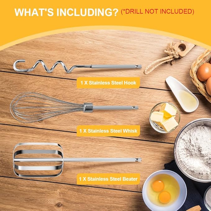 homicozy 3-Piece Stainless Steel Hand Mixer Attachment Set - Whisk, Dough Hook, Egg Beater for Drills - Dishwasher Safe, 9.8 Inch (Drill Not Included) (9.8inch)