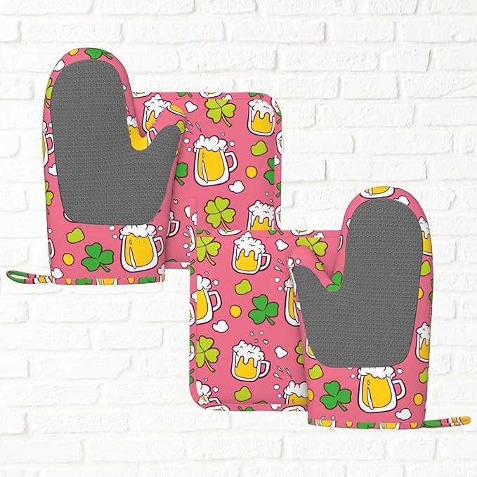 Saint Patrick Celebration Beer Oven Mitts and Pot Holders Sets of 4, Heat Resistant Silicone Oven Mittens and Potholders Gloves Hot Pads for Kitchen Cooking Baking Grilling BBQ Chef