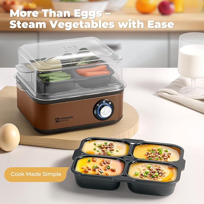 Annie & Mia Design Stainless Steel Electric Rapid Egg Cooker, 8 Egg Capacity 500W, Soft/Medium/Hard Boiled Egg Boiler Poacher Steamer Omelet Maker, Knob Auto Shut-Off, with Recipe Guide Book (Gold)