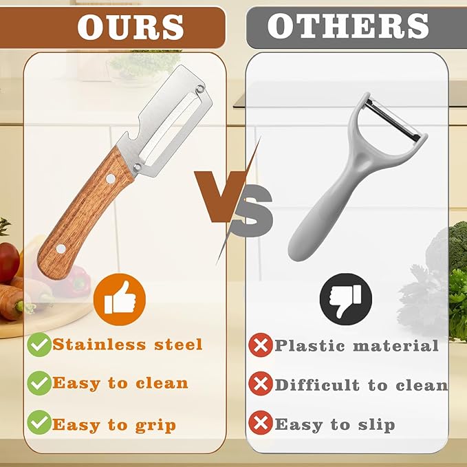 2 Pcs Multifunctional Vegetable Peeler, Stainless Steel Blade Peeler with Wooden Handle, Non-Slip Fruit Peeler for Kitchen