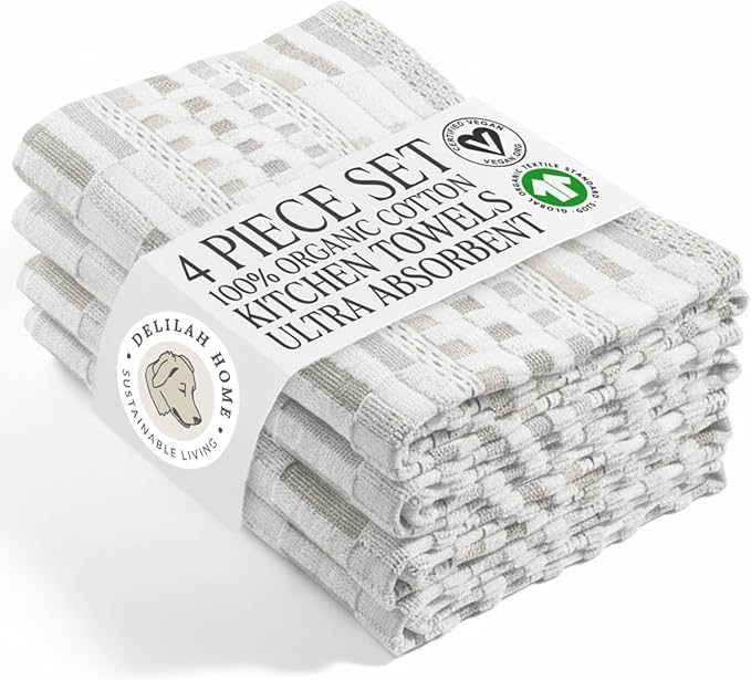 Delilah Home Sea Pines Kitchen Towels – Super Soft and Comfy Kitchen Cloth Napkins Made from Organic Cotton Material for Drying, Wiping, or Cleaning – White-Beige (Pack of 4)