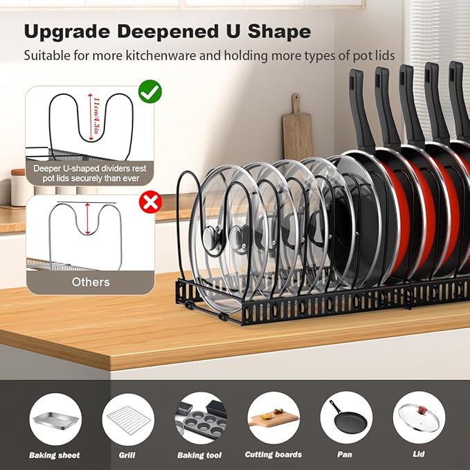 Housolution 2 Pack Pot and Pan Organizer with 14 Adjustable Dividers, 12"-23" Expandable Food Container Lid organizer Compatible with Tupperware, Pan Lid Holder Storage Rack for Cabinet, Black