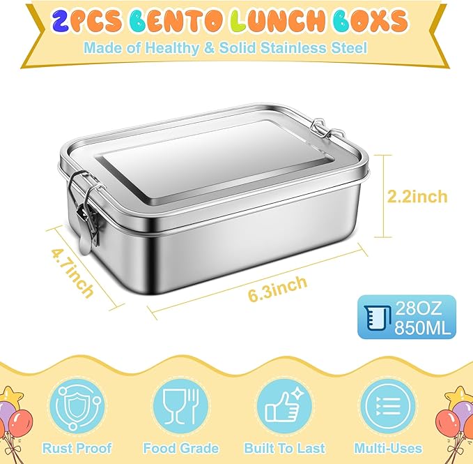 TeamFar Stainless Steel Bento Box, 2 Pack 28oz/850ml Metal Lunch Box with 3 Compartments for Adults Kids, Small Lunch Food Containers for School/Work/Meal Prep, Leak-Proof & Dishwasher Safe
