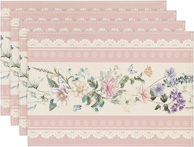Artoid Mode Pink Printed Lace Floral Spring Placemats Set of 4, 12x18 Inch Seasonal Summer Holiday Table Mats for Party Kitchen Dining Decoration