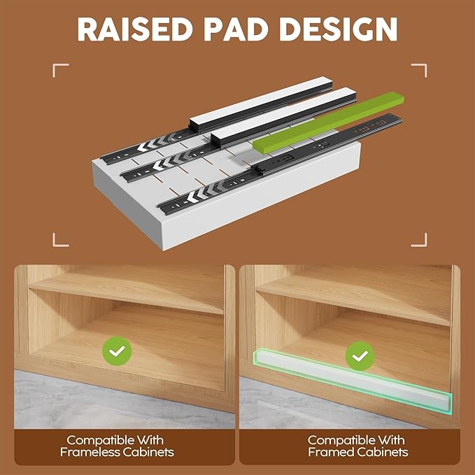 Seinloes 4 Pack Expandable (9"-14") Pull Out Cabinet Organizer 21" Deep With Raising Pad for Framed Cabinets,Upgrade 3 Slide Rails Slide Out Drawers,No Drill Roll Out Shelves Adhesive,White