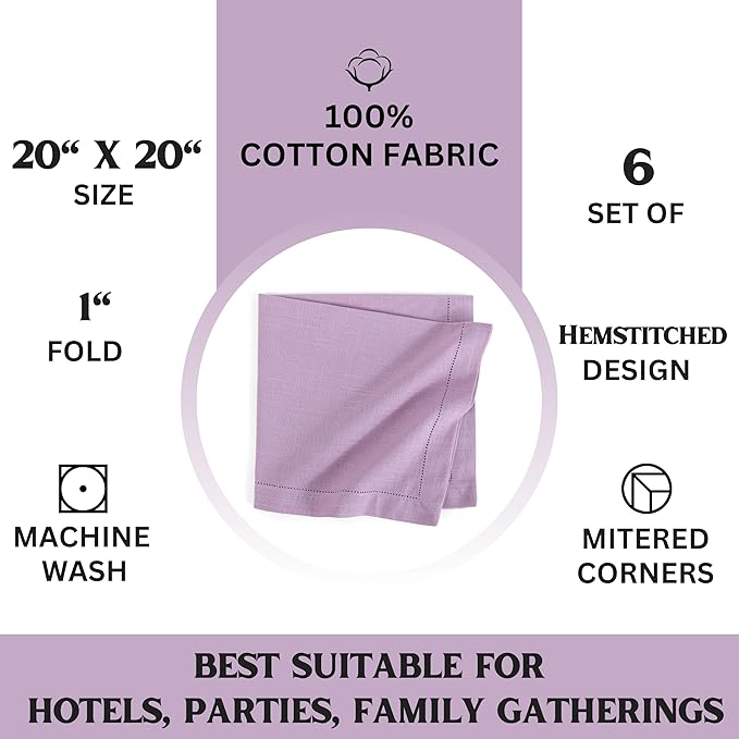 FINGERCRAFT Cloth Napkins, Hemstitched Napkins Cloth, 20 x 20 Inch Generous Picot Hem and Mitered Corner, Everyday Use Premium Quality Perfect for Parties Dinners Weddings Cocktail Set of 6 Lavender