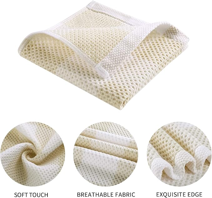 Mordimy 100% Cotton Waffle Weave Plaid Dish Cloths, 12 x 12 Inches, Super Soft and Absorbent Quick Drying Buffalo Check Dish Rags for Kitchen, 6-Pack, Beige & White