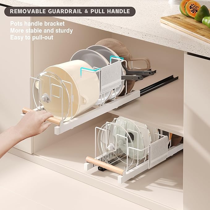 Magheo 2 Pack Pull Out Pots and Pans Organizer Under Cabinet, 22" Deep Expandable Pot Lid Organizer and Storage with 10 Adjustable Dividers Adhesive Pot and Pan Holder Rack with Handle Bracket(White)