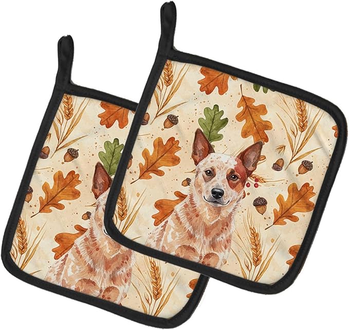 Caroline's Treasures Red Heeler Australian Cattle Dog Heirloom Fall Pair of Pot Holders Pair 7.5x7.5 Quilted Insulated Hot Pads Decorative Kitchen Gift Made in USA