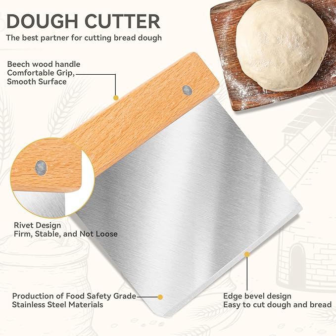 Danish Dough Whisk - Bread Whisk Set of 3 pieces, Bread Making Tools and Supplies, Danish Sourdough Whisks, Dutch Whisks for Dough, With Dough Scraper Sourdough Cutter, Lame Doughs Scoring Tool Blades