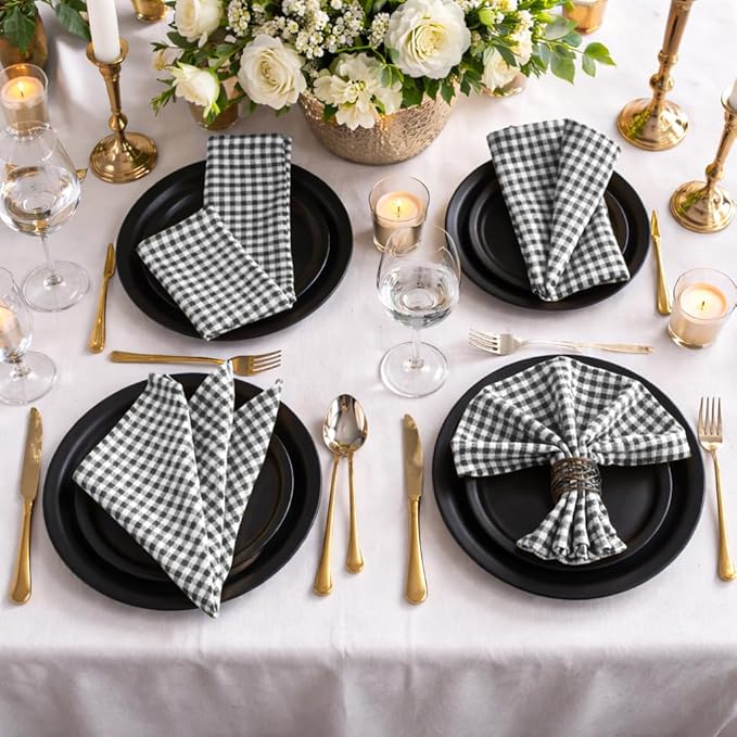 Mini Check Plaid Cloth Napkins, Set of 4, Soft, Durable, Wrinkle Free Fabric Napkins, Checked Napkins for Dinner, Wedding, Restaurant, Buffet, Party, Christmas - Grey White (16”x16”)